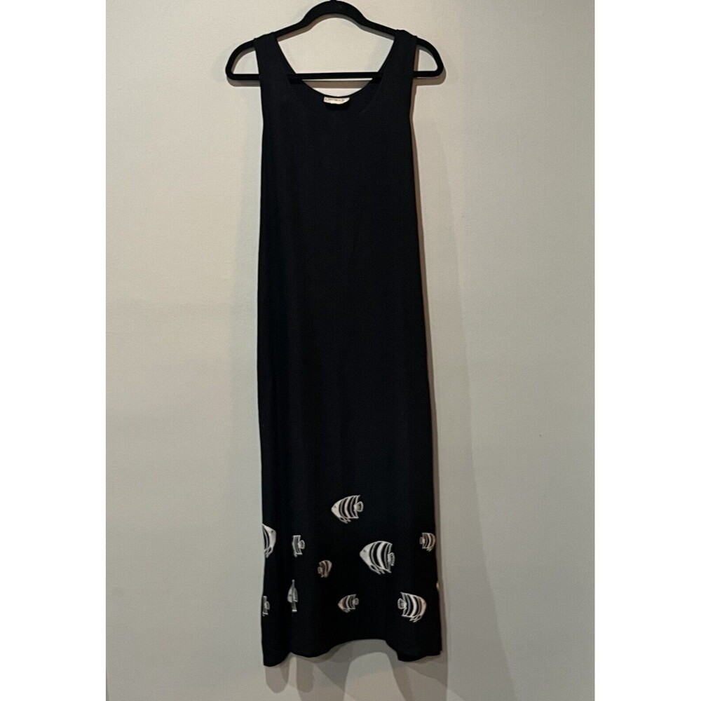 Vintage Connie Choi Dress Large‎ Black Rock Fish Sleeveless Maxi Belted Tropical